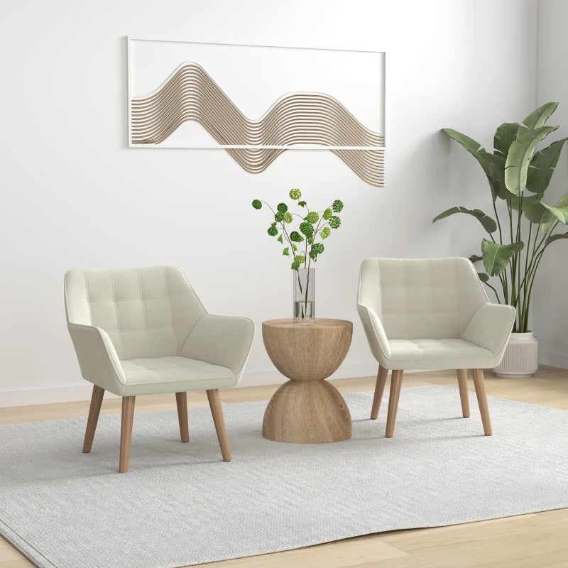 Set of 2 Cream White Accent Chairs with Slanted Back, Thick Padding & Rubber Wooden Legs for Living Room