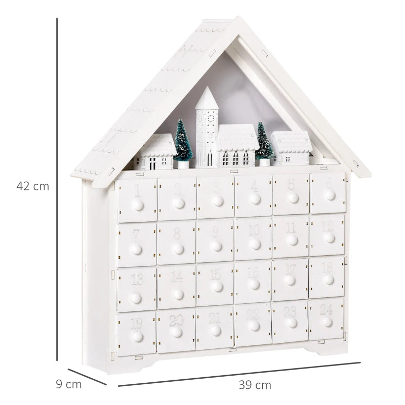24-Drawer Light-Up Wooden Christmas Advent Calendar - Traditional Holiday Countdown Decoration for Kids & Adults - White House Design