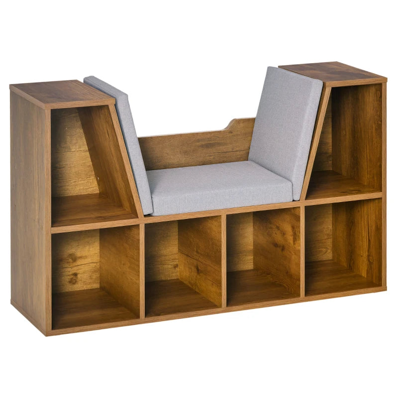 Rustic Brown Bookcase Storage Shelf with Cushioned Reading Seat - Cube Bookshelf Organizer for Bedroom & Living Room