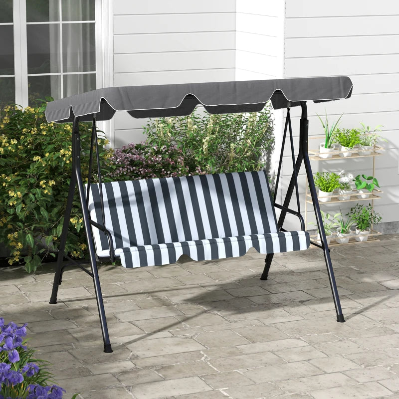 Grey Striped 3-Seater Garden Swing Hammock with Adjustable Canopy