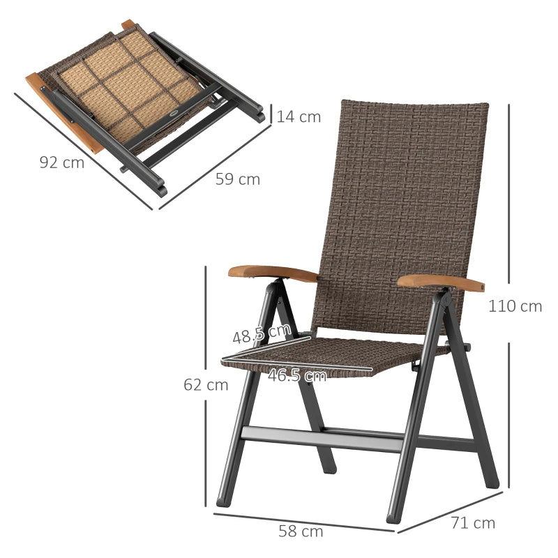 2 Piece Folding Rattan Garden Dining Chairs with Reclining High Back and Wood Armrests