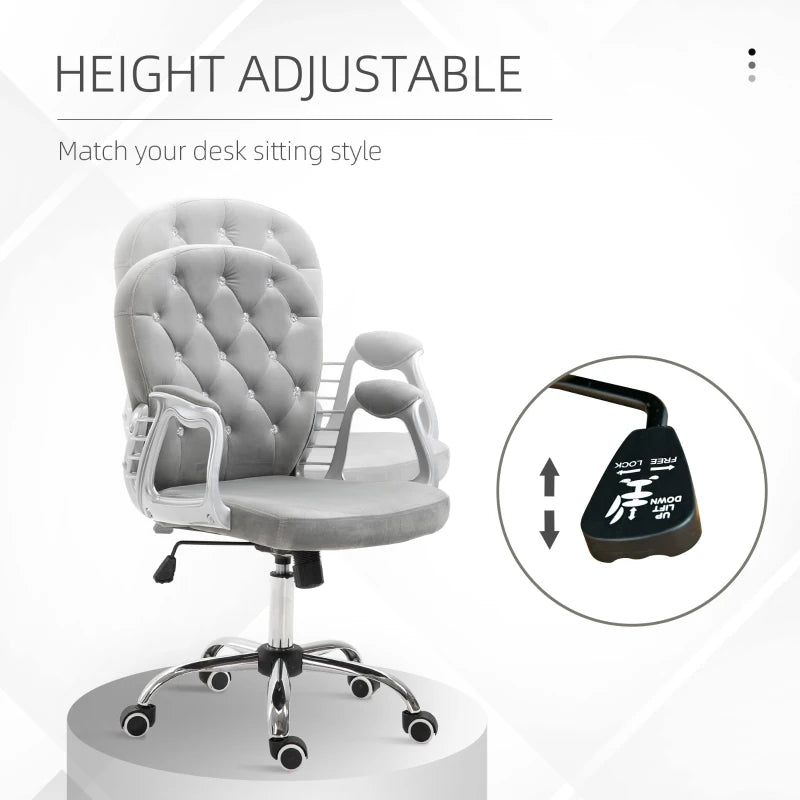 Vinsetto Grey Velvet Office Chair - Swivel Desk Chair with Adjustable Height & Rolling Wheels for Home & Study