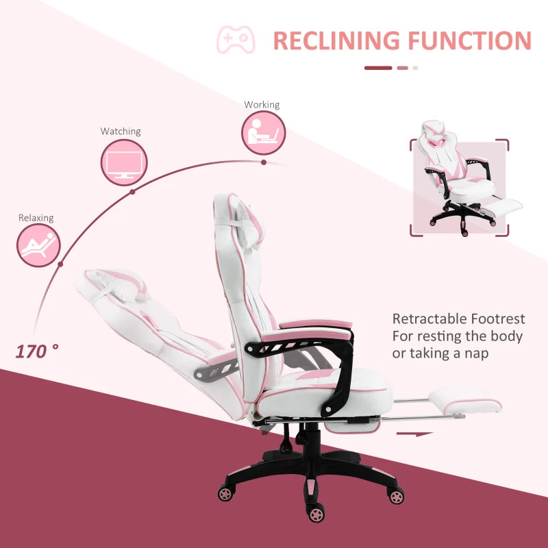 Vinsetto Pink Gaming Chair - Ergonomic Racing Desk Chair with Lumbar Support, Footrest, Headrest & Swivel Wheels for Home