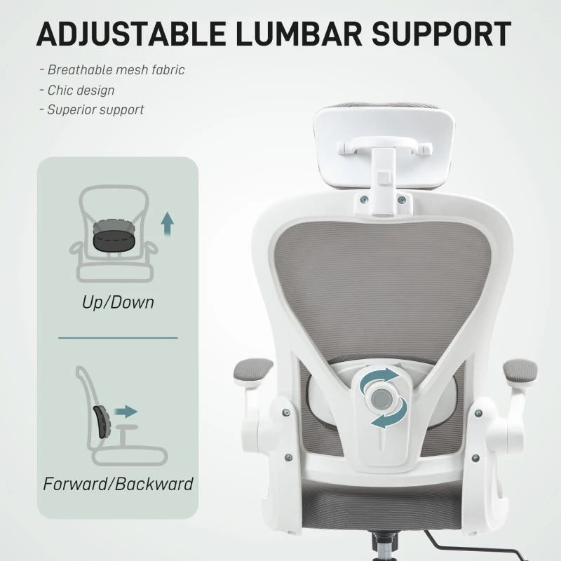 Ergonomic Executive Office Chair - High Back Mesh Desk Chair with Flip-Up Armrests, Rotatable Headrest & Adjustable Lumbar Support - Grey