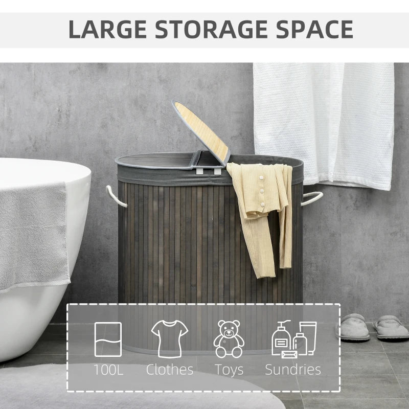 Bamboo Laundry Basket with Lid - 100L Hamper, 2 Sections, Removable Washable Lining, Grey, 62.5x37x60.5cm