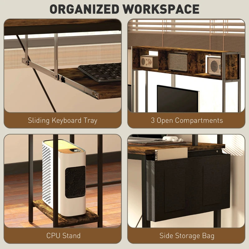 240cm Reversible L Shaped Desk with Power Outlet & Storage Shelves - Industrial Corner Computer Desk for 2 Person, Rustic Brown