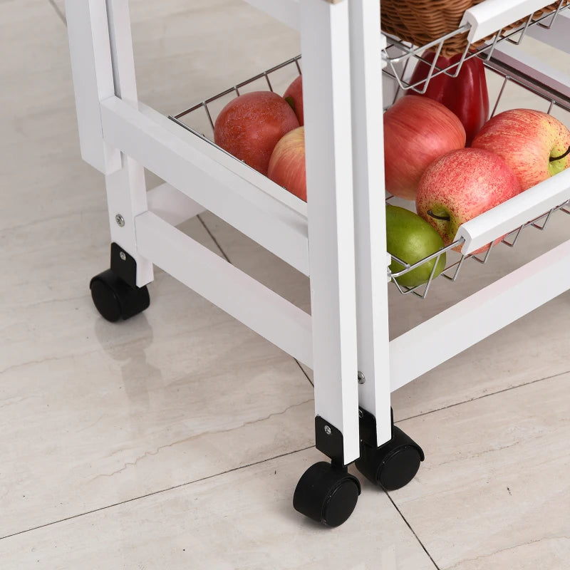 Drop-Leaf Kitchen Cart Trolley with 3 Baskets & Drawer - Rolling Storage Unit on 6 Wheels - White Oak Tone