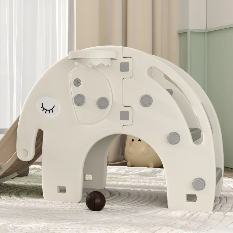 3 in 1 Toddler Slide with Basketball Hoop and Climber for Ages 1-3 Elephant Theme Cream White
