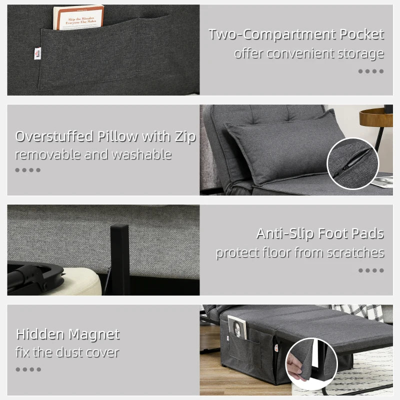 Adjustable Backrest Folding Sleeper Chair Bed with Pillow and Side Pockets for Living Room, Charcoal Grey
