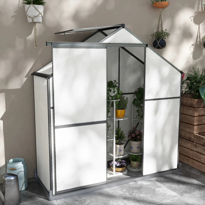 6x2.5ft Dark Grey Polycarbonate Greenhouse with Rain Gutter, Sliding Door, Window, Foundation