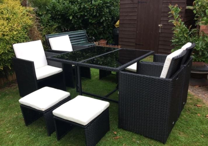 Black 9 Piece Rattan Dining Set With Glass Top Table & White Cushions