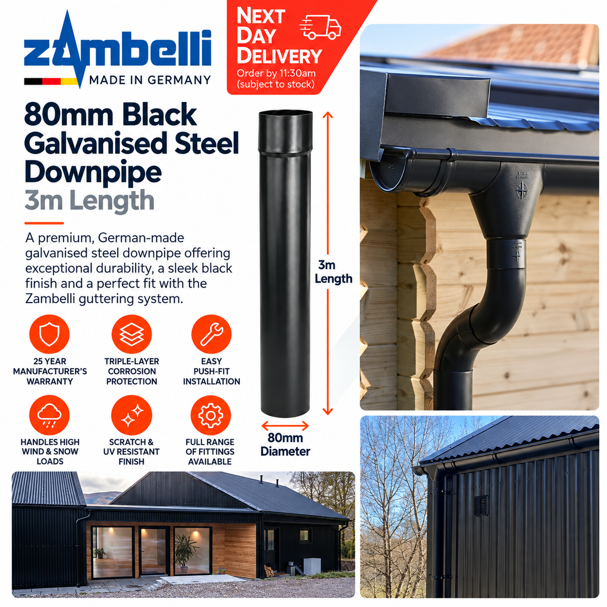 Zambelli 80mm Black Coated Galvanised Steel Downpipe 3m Length