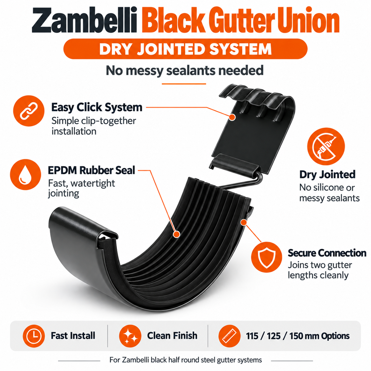 Zambelli 115mm Half Round Black Coated Galvanised Steel Gutter Union