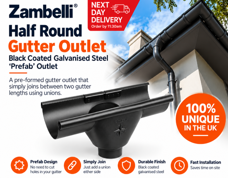 Zambelli 115mm Half Round Black Coated Galvanised Steel 80mm 'prefab' Gutter Outlet