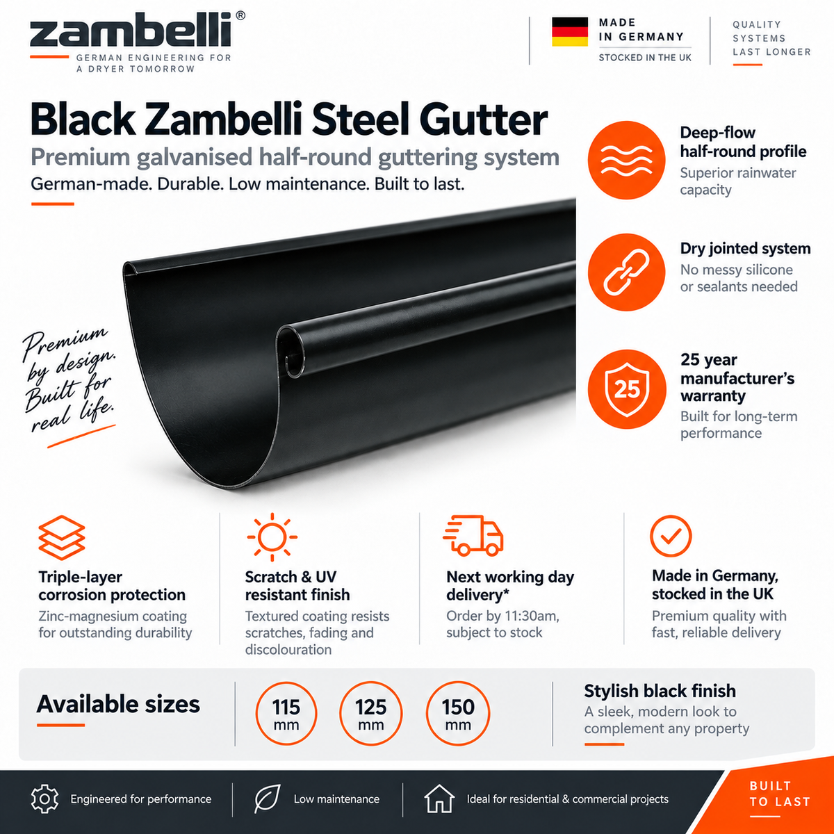 Zambelli 150mm Half Round Black Coated Galvanised Steel Gutter 3m Length