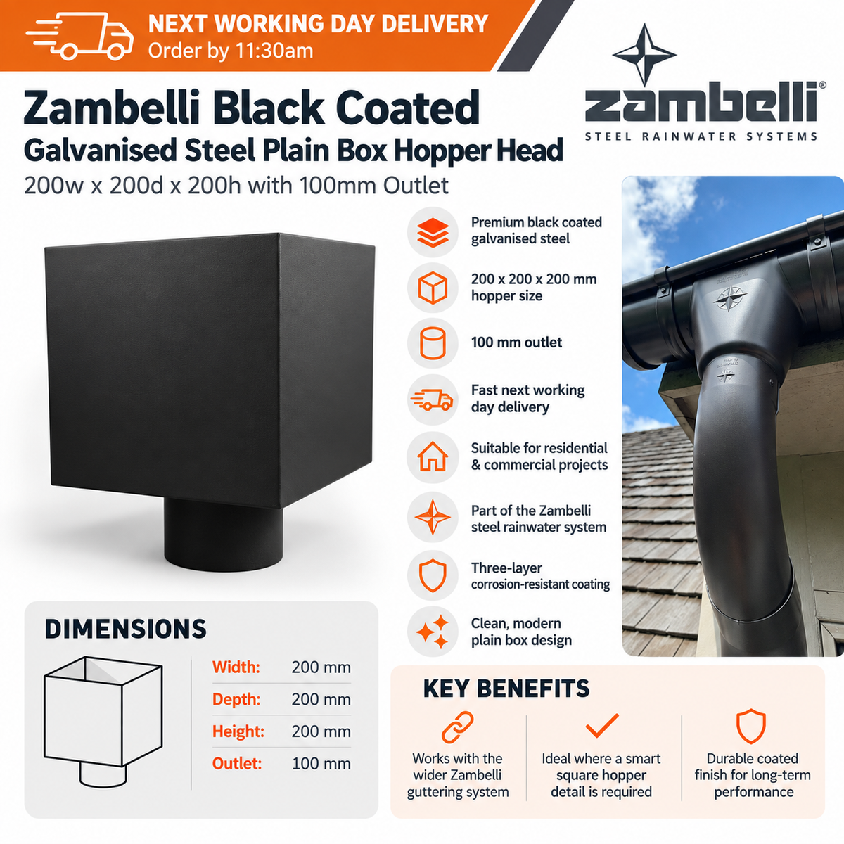 Zambelli Black Coated Galvanised Steel Plain Box Hopper Head 200w x 200d x 200h with 100mm Outlet