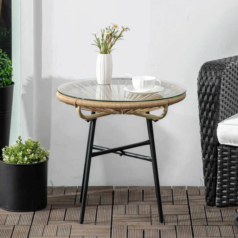 Black Rattan Outdoor Side Table with Glass Top