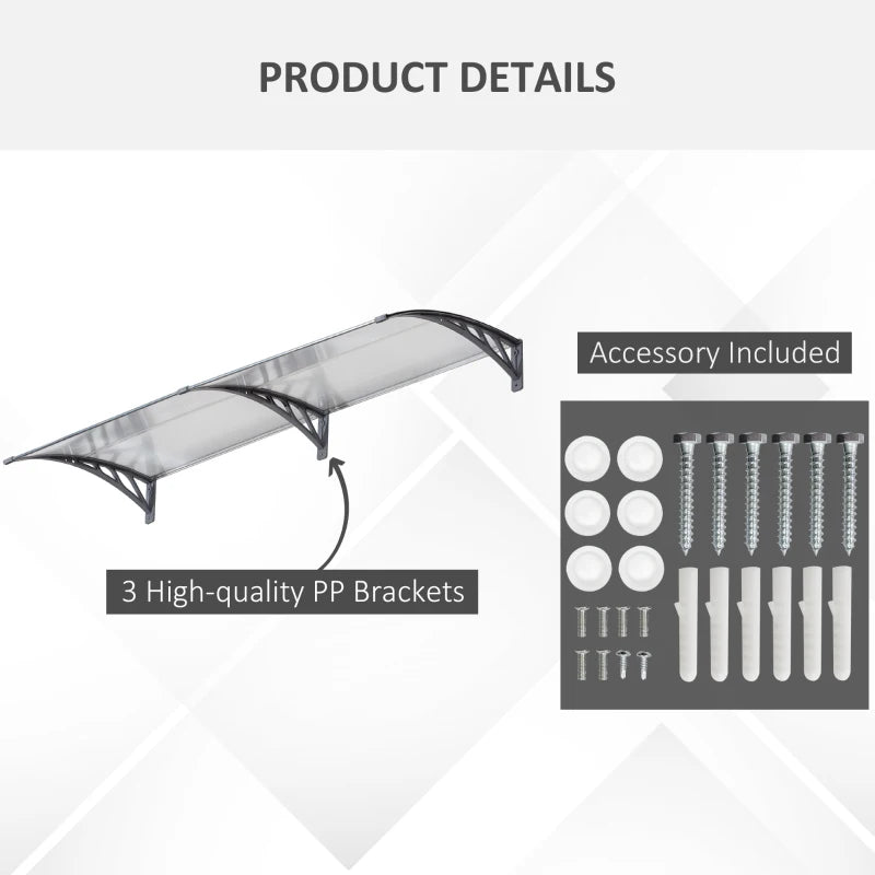 196cm x 75cm Clear Front Door Canopy - Rigid Plastic Polycarbonate Rain Shelter - UV, Water & Rain Resistant