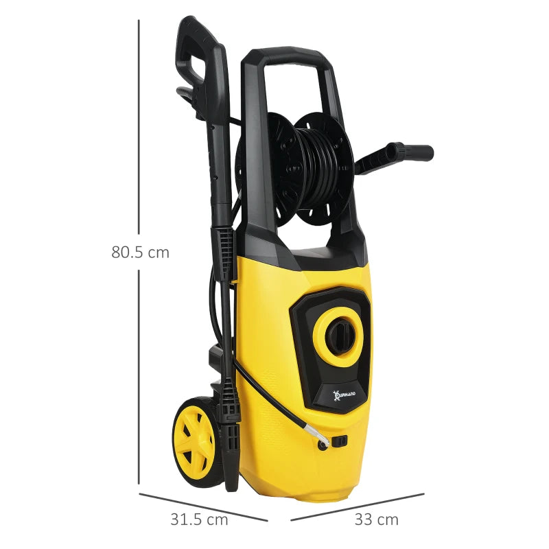 1800W High Pressure Washer - 150 Bar, 510 L/h Flow, Portable Jet Wash Cleaner with 6M Hose & Reel for Garden, Car, Furniture - Yellow