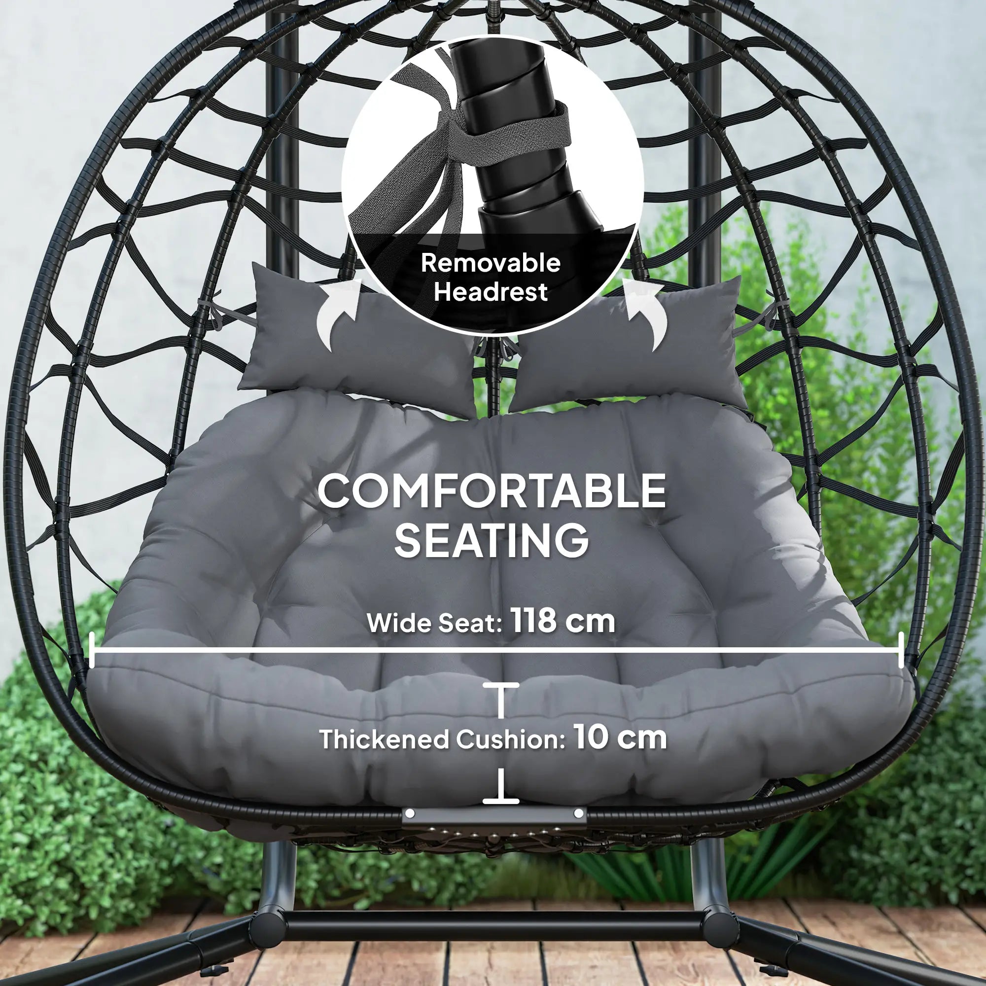 Rattan Double Hanging Egg Chair with Canopy - Foldable Swing/Egg Chair with Cushion, Head Pillows, Stand & Steel Frame
