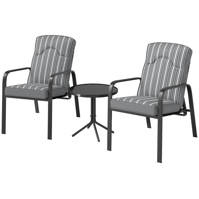 3-Piece Patio Bistro Set with Adjustable Recliner Chairs, Glass Table, Cushions - Grey Garden Furniture