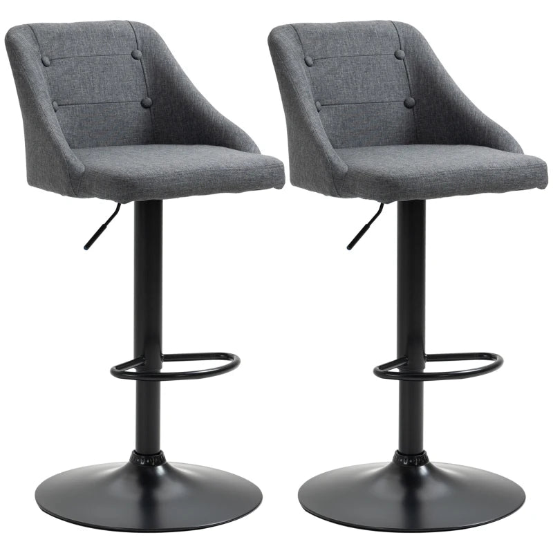 Modern Adjustable Bar Stools Set of 2 - Swivel Fabric Barstools with Footrest, Armrests & Back for Kitchen & Dining - Dark Grey