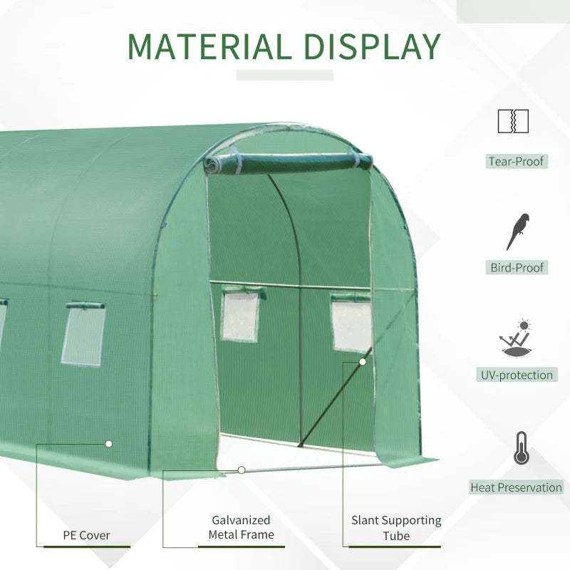 Green Walk-in Garden Tunnel Greenhouse, 4x2M, Roll-Up Door, 8 Windows