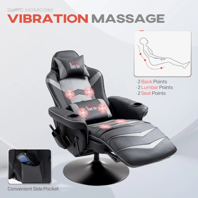 Comfortable Massage Recliner Chair with Remote Control, PU Leather, Cup Holders, Side Pockets, 360° Swivel, Grey