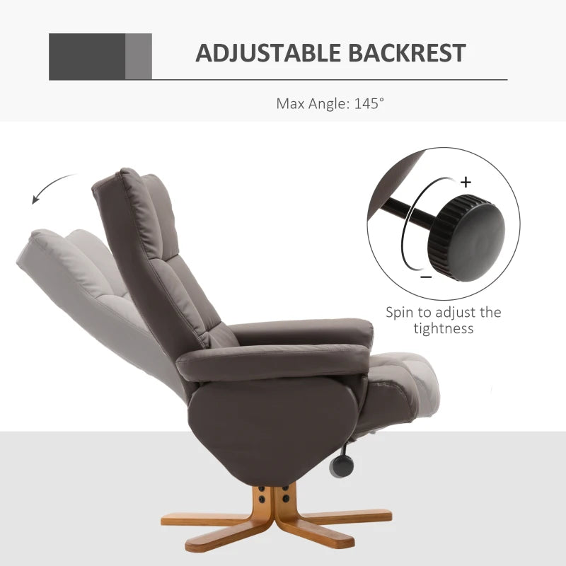 Swivel Reclining Armchair with Ottoman, Faux Leather Chair with Wooden Base and Storage Footstool for Living Room, Brown