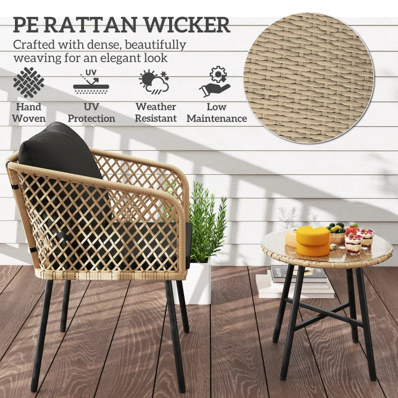 3 Piece Rattan Bistro Set with 2 Chairs, Glass Table, Cushions, Adjustable Feet, Wood Finish