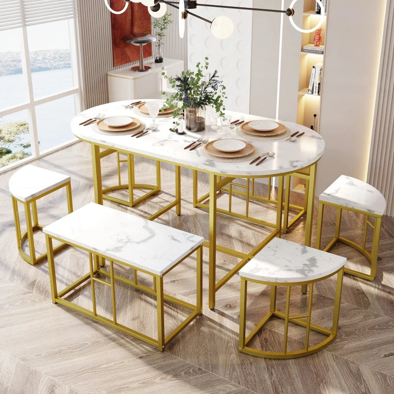 Modern Luxury Rattan 6-Seater Dining Table Set with Cushioned Chairs & Gold-Plated Iron Frames - Elegant Home Furniture