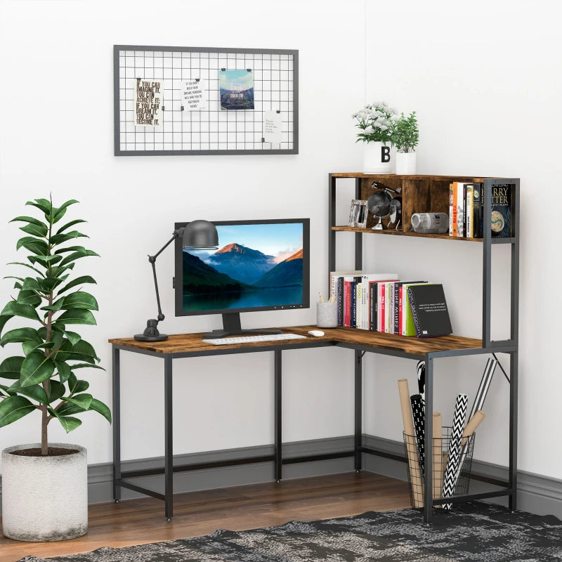 Industrial L-Shaped Desk with Bookshelf - Corner Computer Writing Table, Steel Frame, 140x125cm, Brown for Home Office & Study