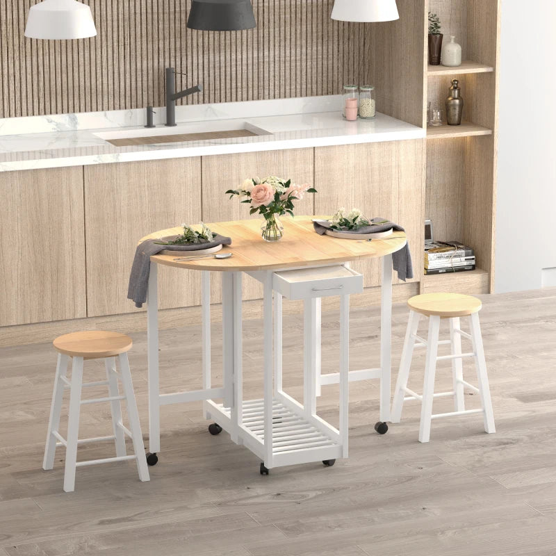 3 Piece Mobile Foldable Dining Room Set with Storage Shelf and Drawers for Home Kitchen Pub White