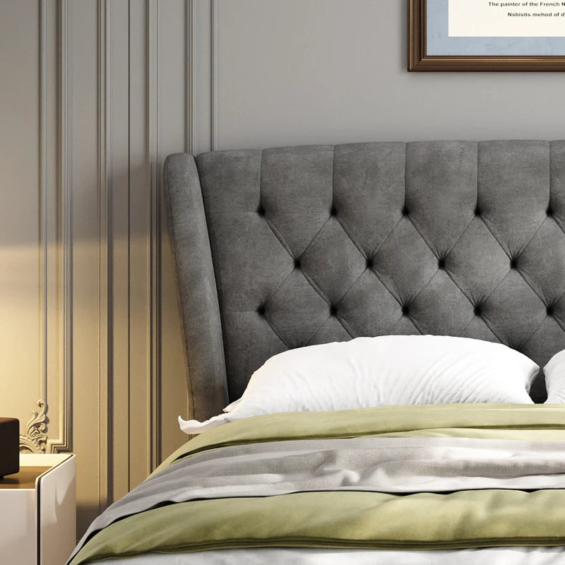 Grey Upholstered Storage Bed with 4 Drawers & Soft Backrest - Metal Frame, 204L x 156W x 106H cm