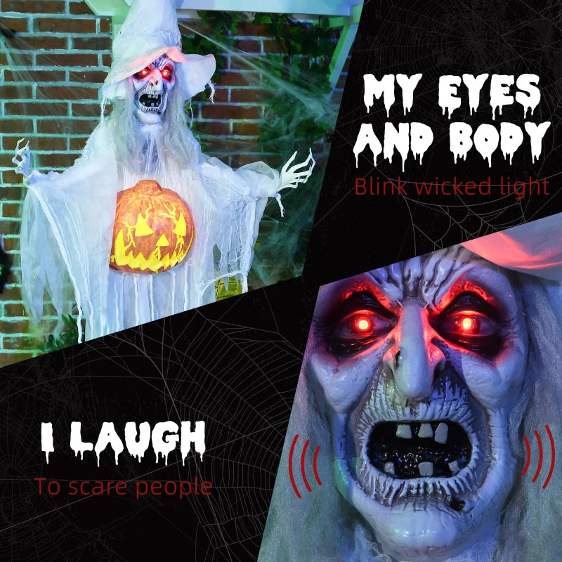 6ft Outdoor Halloween Witch Decoration with Pumpkin - Life Size Skeleton Prop, Sound & Motion Activated, Light Up Eyes, Laughing Sound