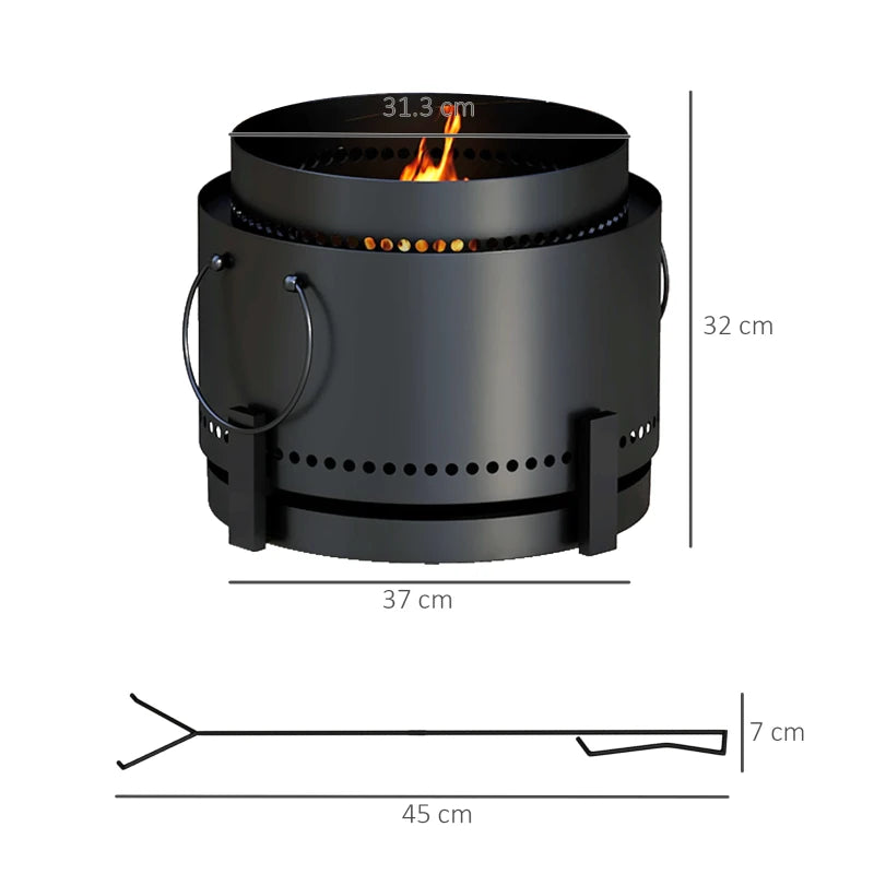Portable Smokeless Fire Pit with Ash Catcher - 37cm Metal Wood Burning Firepit for Garden, Camping & Bonfire Parties - Black