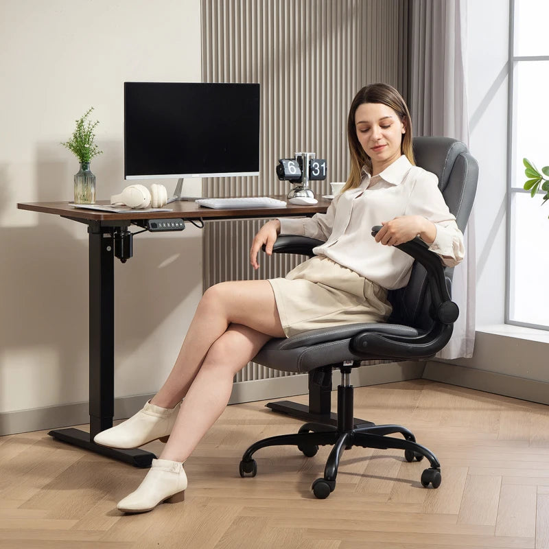 Charcoal Grey Faux Leather Office Chair with Flip-Up Armrests - Ergonomic Design for Comfort and Style