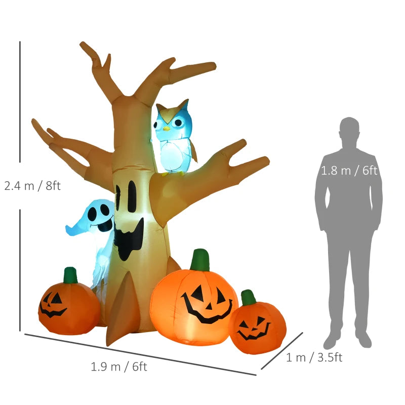 240cm Halloween Inflatable Tree with Ghost, 3 Pumpkins & Owl - Scary LED Holiday Decoration for Indoor & Outdoor