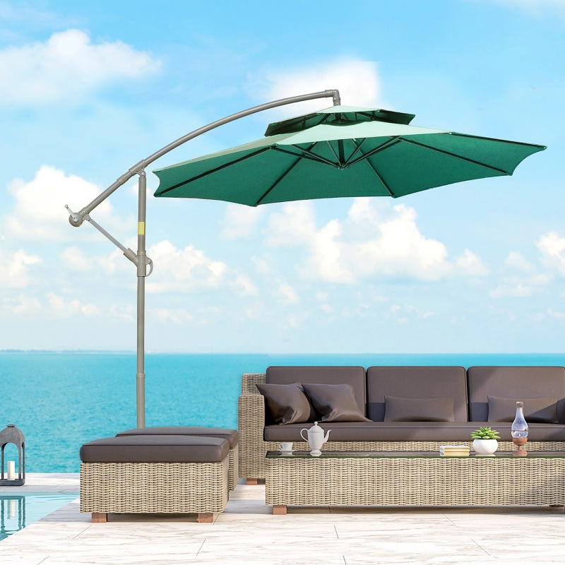 Green Double Tier Cantilever Patio Umbrella with Crank Handle