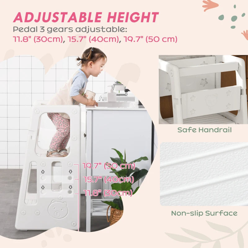 Adjustable Kids Step Stool - White Toddler Kitchen Standing Platform for Safe and Easy Access