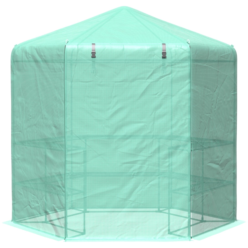 Hexagon Outdoor Greenhouse with Shelves, Waterproof Cover, Green