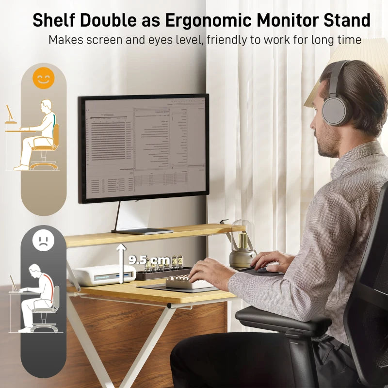 Compact Folding Desk for Small Spaces - Foldable Computer Desk with Storage Shelf, 2-Tier Writing Table, Maple Wood-effect, 86x66x82 cm