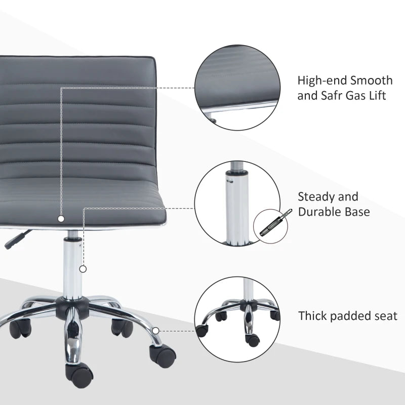 Armless Swivel Task Desk Chair - Adjustable Faux Leather Office Chair with Chrome Base & Wheels - Dark Grey