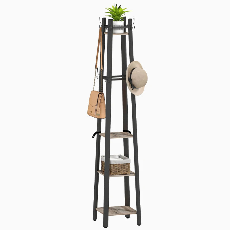 Industrial-Style Four Shelf Coat Stand - Modern Grey and Black Entryway Organizer for Coats, Hats, and Accessories