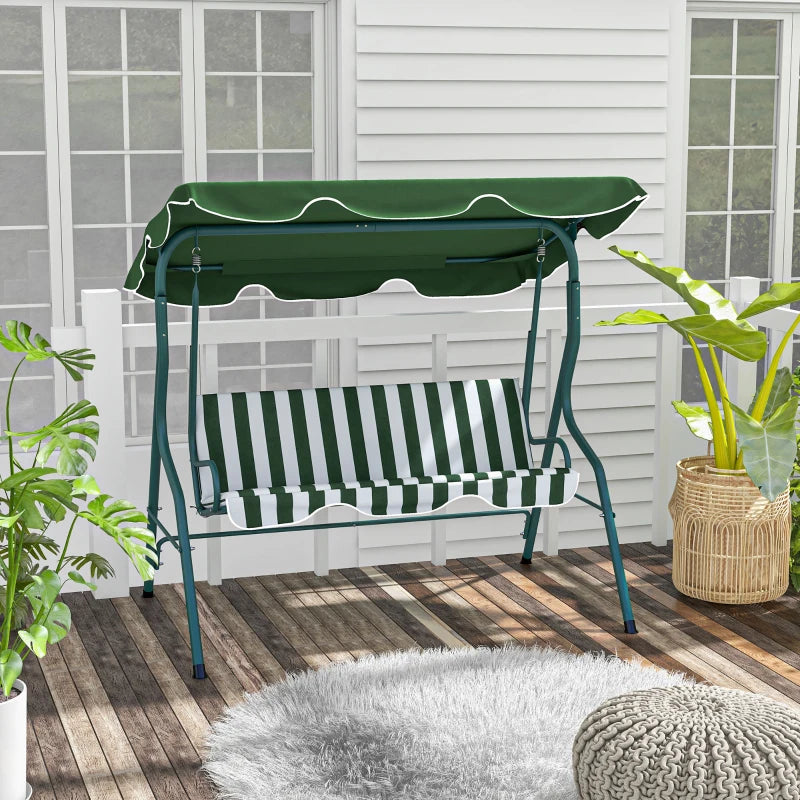 Green Striped 3-Seater Outdoor Swing Chair with Adjustable Canopy