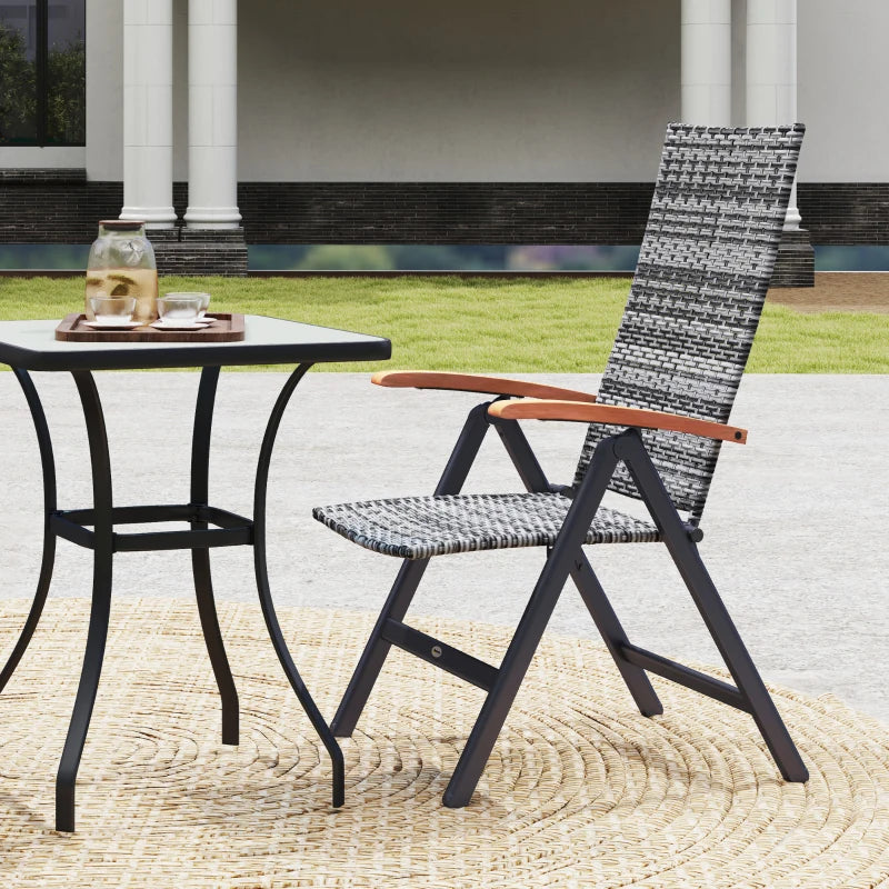 Folding Rattan Garden Dining Chair - 5-Level Reclining High Back, Wood Armrests, Outdoor Patio Furniture - Light Grey