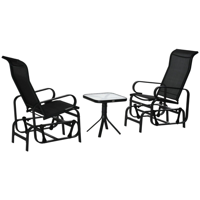 Black 3-Piece Metal Frame Gliding Chair Set with Glass Top Coffee Table