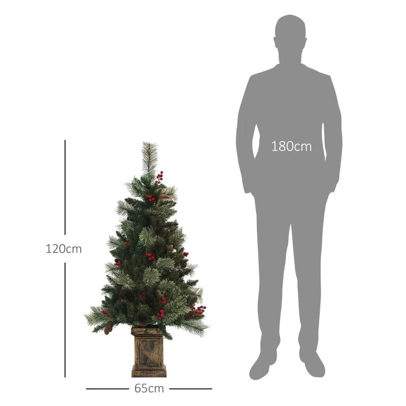4ft Artificial Christmas Tree with 100 Warm White LED Lights, Red Berries & Pine Cones, 8 Modes, Retro Base