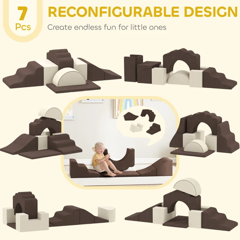7 Piece Soft Play Set for Kids Indoor Climbing and Crawling Foam Toy Brown