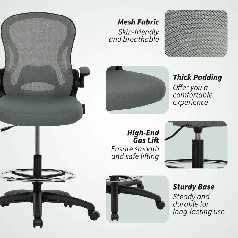 Vinsetto Ergonomic Drafting Chair - Tall Office Chair with Mesh Back, Lumbar Support, Flip-up Armrests, Adjustable Height, Charcoal Grey